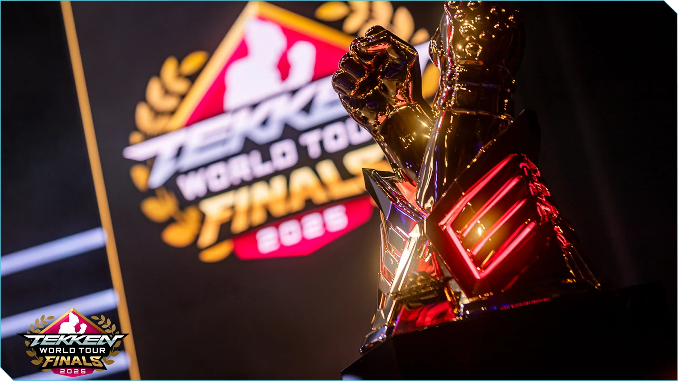 The illuminated TEKKEN World Tour 2025 championship trophy built by Hoku Props